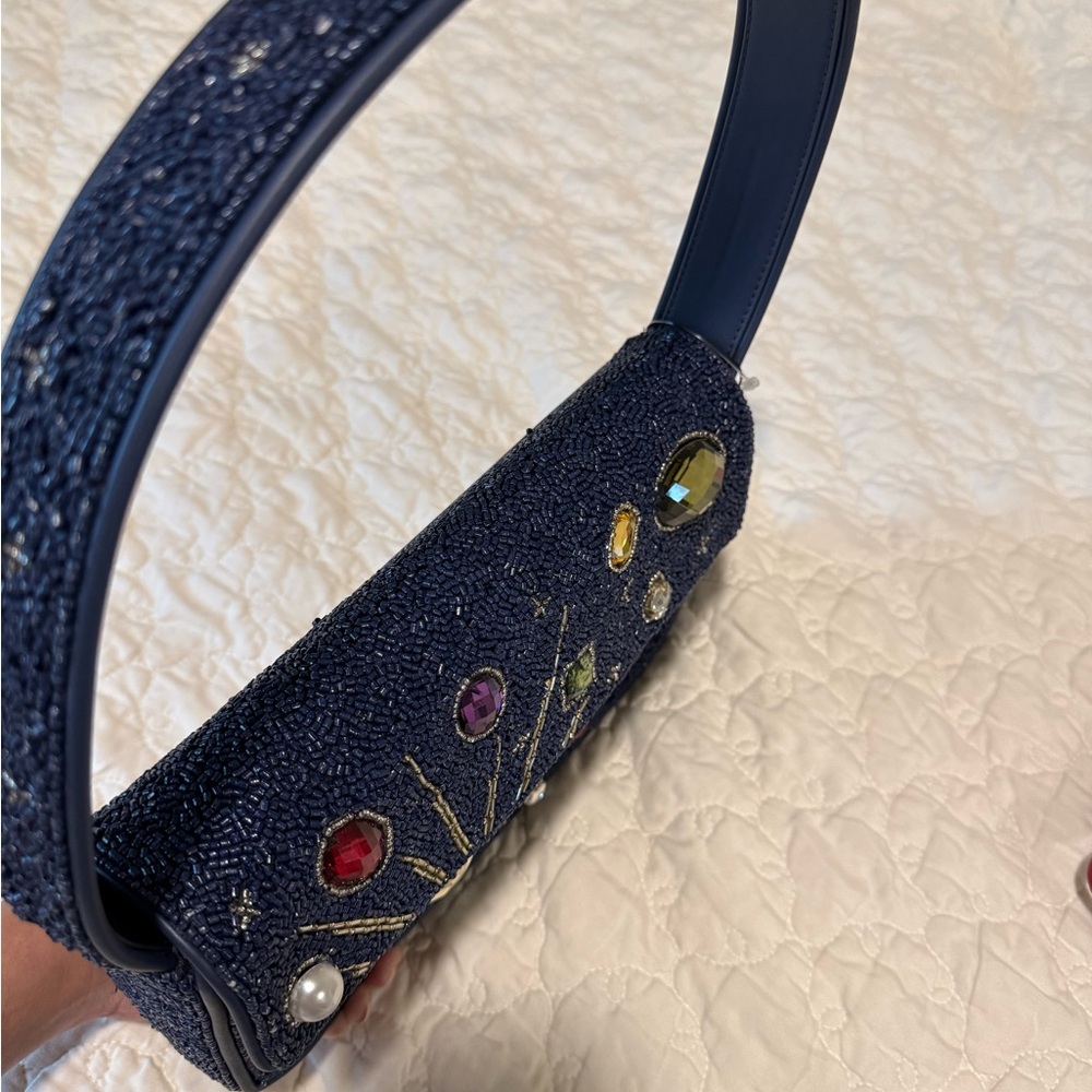 STAUD Navy Beaded Shoulder Bag with Multicolored Gem Embellishments - Picture 10 of 10